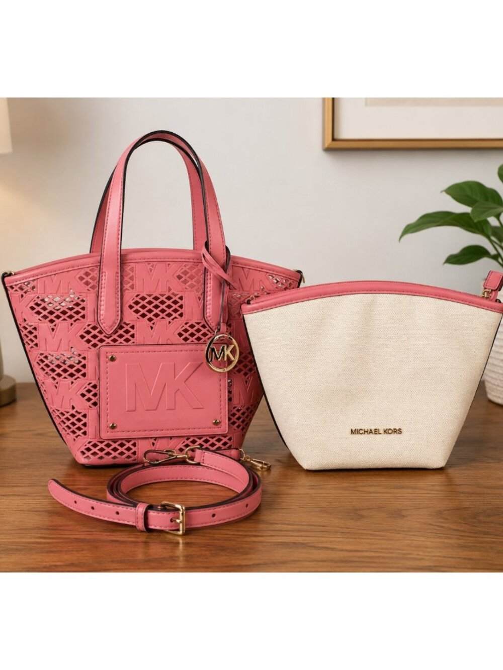 Michael Kors Pink Laser-Cut Tote + Pouch – 2 Piece Set